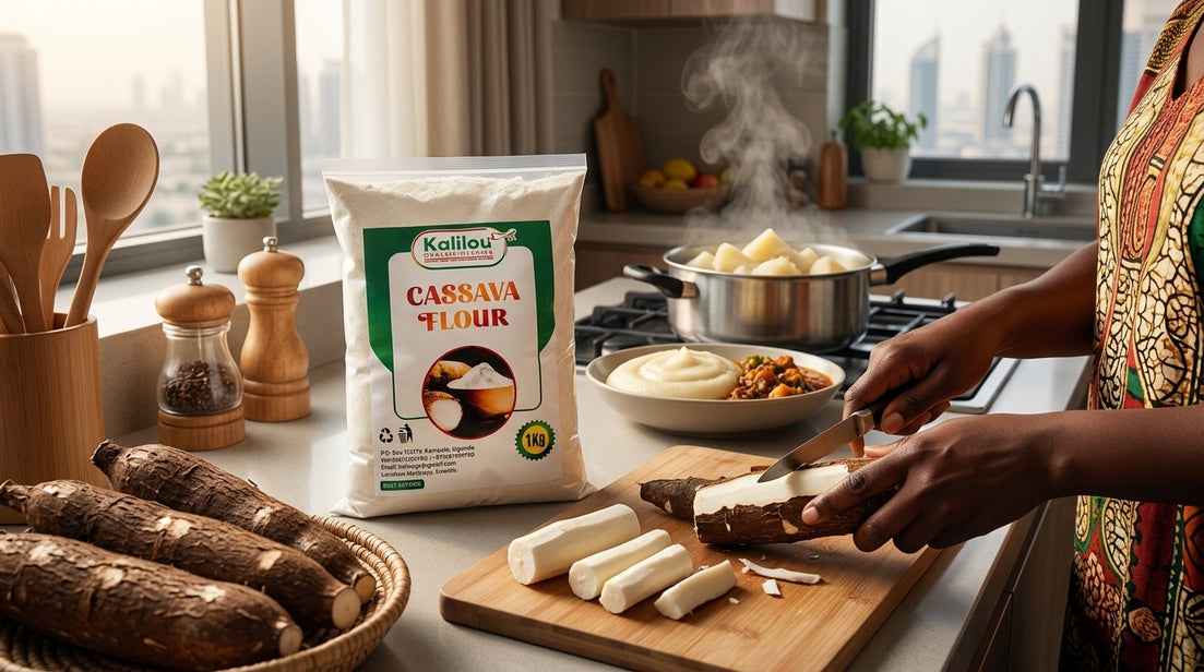 How to cook cassava: fresh cassava roots being peeled, a pot of boiled cassava and Kalilou cassava flour in a Ugandan home kitchen in Dubai