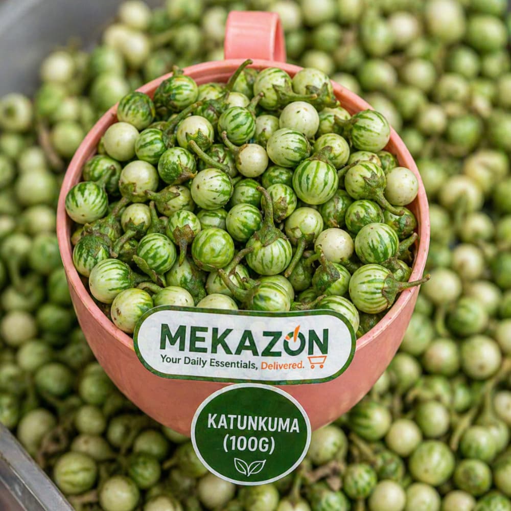 Pink scoop filled with Katunkuma green fruits labeled 'Mekazon' on a background of similar fruits.