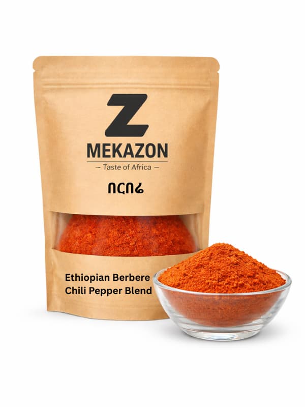 Mekazon Ethiopian Berbere Chili Pepper Blend packaging with a bowl of powder on a white background 1/2kg