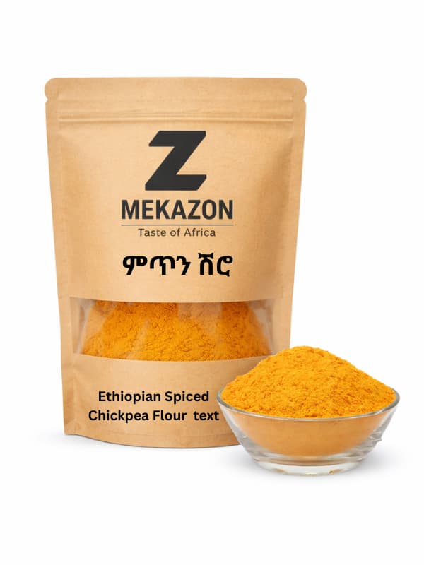 Mekazon Ethiopian Spiced Chickpea Flour packaging with a bowl of flour on a white background 1kg