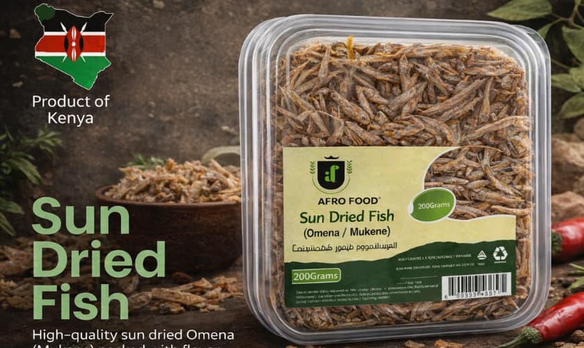 Packaged sun dried fish with a label indicating 'Product of Kenya' and 'Afro Food'.