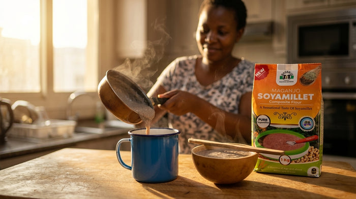 How to make bushera: a mug of Ugandan millet porridge with Maganjo Soya Millet flour pack on a kitchen counter in Dubai