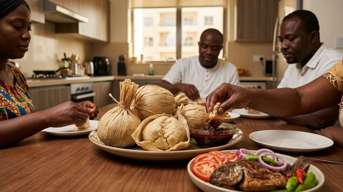 Ga kenkey in corn husks with shito, fried fish, tomato and onion on a Ghanaian family table in a Dubai home kitchen
