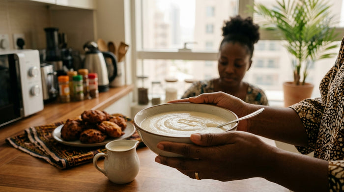 How to make pap flour into ogi and akamu: a bowl of fermented corn porridge with Pap Flour UAE pack on a West African kitchen counter in Dubai