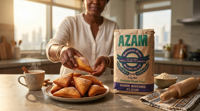 Mandazi recipe: golden Kenyan fried bread with chai and Azam wheat flour on a kitchen counter in Dubai