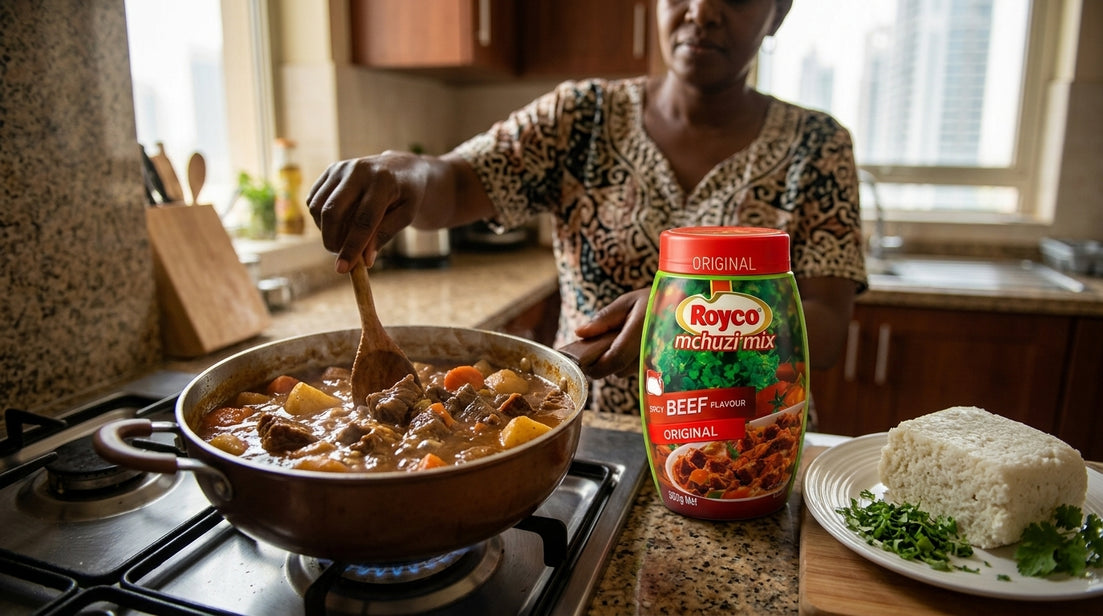 Kenyan beef stew (mchuzi wa nyama) simmering beside a pack of Royco Mchuzi Mix Beef in a Dubai home kitchen