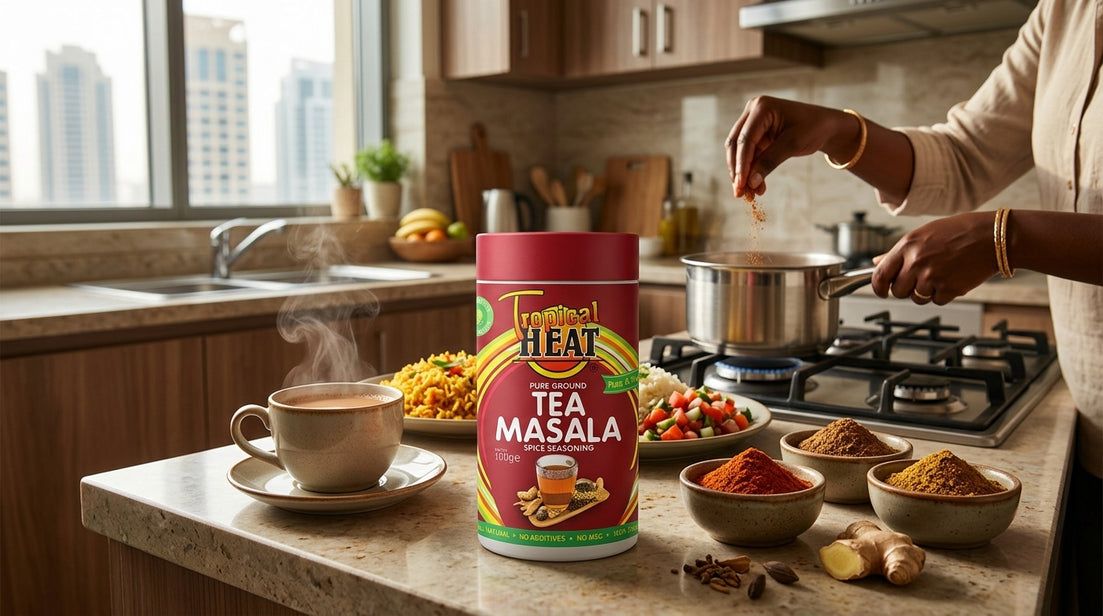 Tropical Heat spices guide: tea masala, pilau masala, garam masala and cayenne on a Kenyan kitchen counter in Dubai