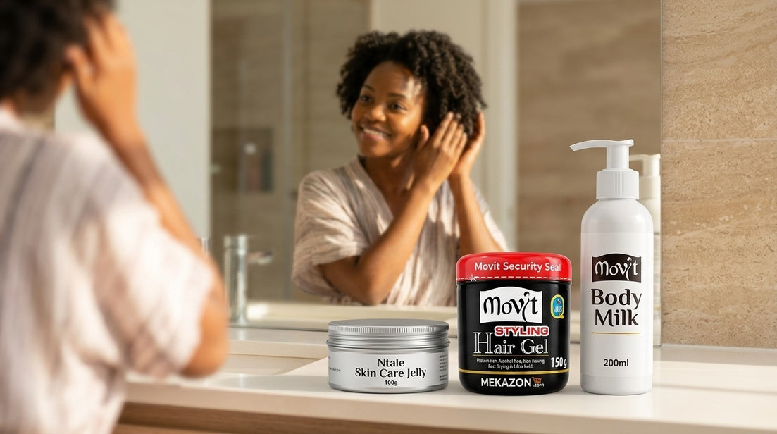Ugandan hair and skin care in Dubai: Movit Styling Hair Gel, Ntale Skin Care Jelly and Movit Body Milk on a bathroom counter