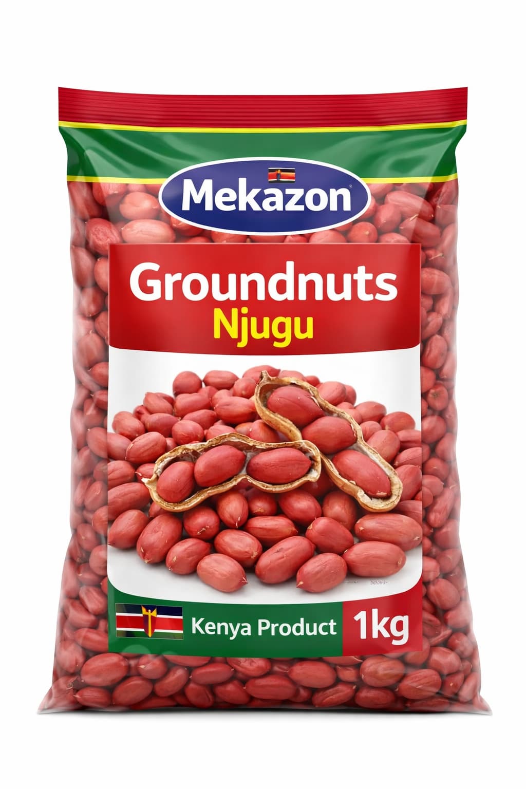 Bag of Mekazon Groundnuts Njugu with a red label on a white background
