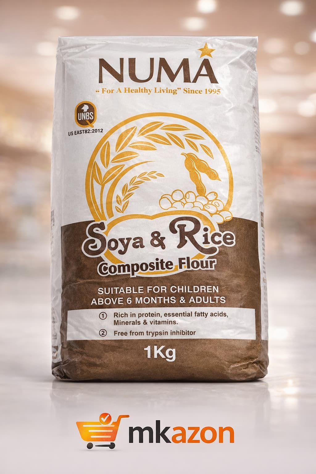 Bag of Numá Soya & Rice Composite Flour with branding on a blurred background.Mekazon