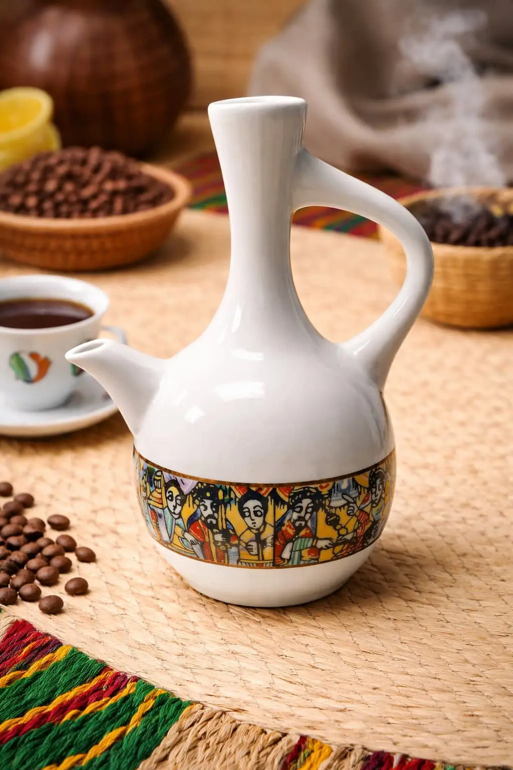 Ceramic Jebena (White) with Saba Decor – Traditional Ethiopian Coffee Pot MEKAZON
