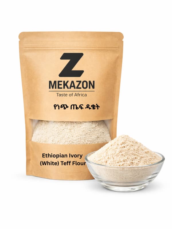 Mekazon Ethiopian Ivory Teff Flour packaging with flour in a bowl on a white background