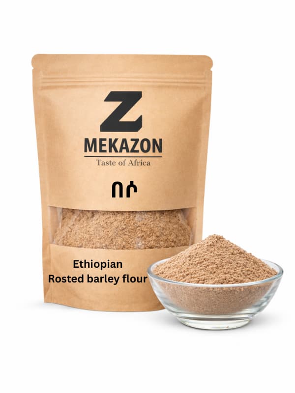 Mekazon Ethiopian Roasted Barley Flour package with flour in a glass bowl on a white background 1/2kg