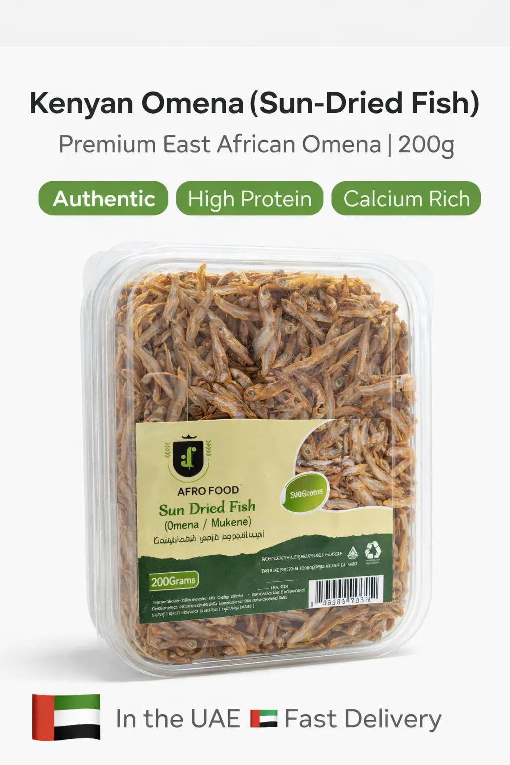 Packaged sun-dried fish with branding and product details on a white background | Mekazon