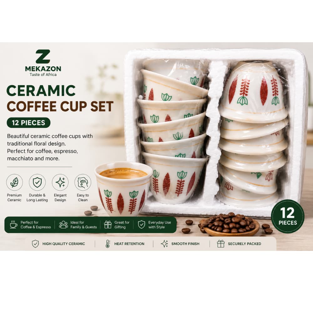 Ceramic Coffee Cup Set with Traditional Floral Design 12 Pieces | Mekazon UAE