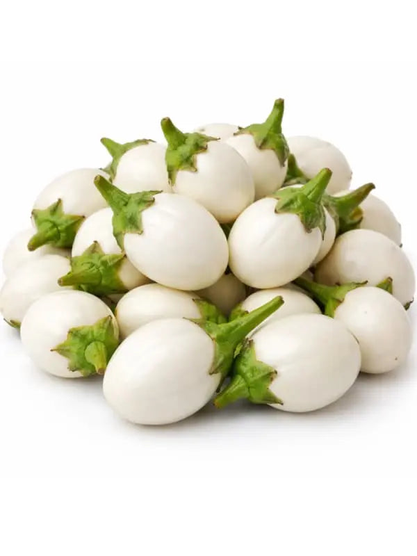 White eggplants with green stems on a white background | Mekazon UAE